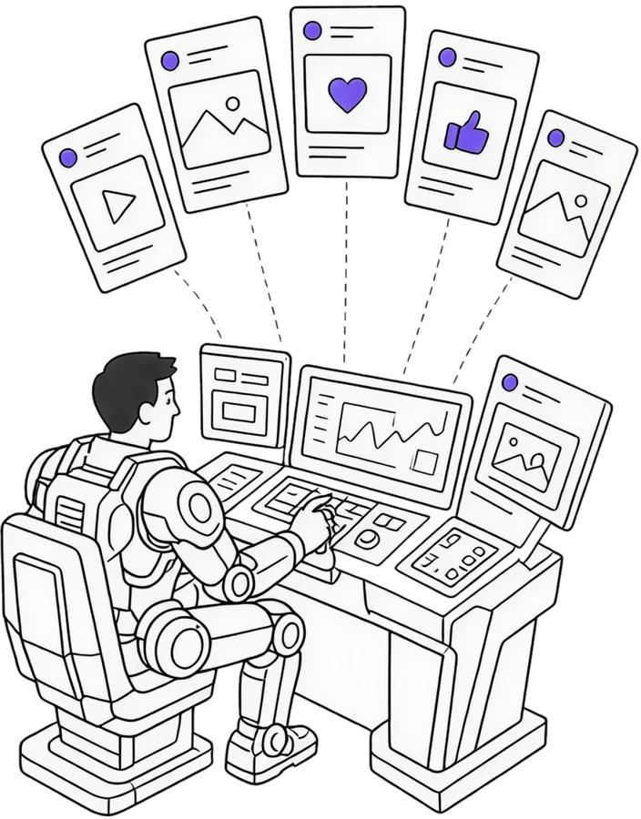 An operator in a powered suit at a console, posts streaming out